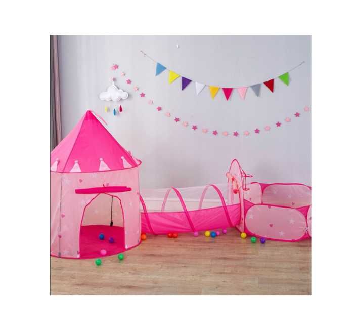 Namiot 3w1 dla dzieci: zamek + tunel + kojec/basen, różowy