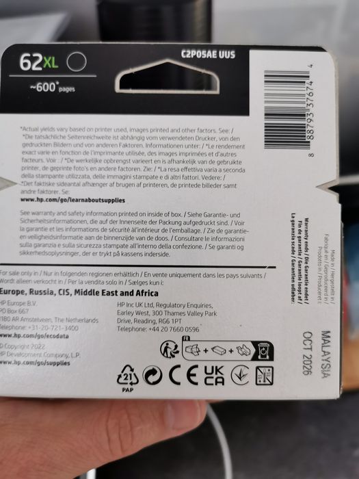 Tusz czarny do drukarki HP 62XL z Niemiec, nowy, oryginalny, 10.2026