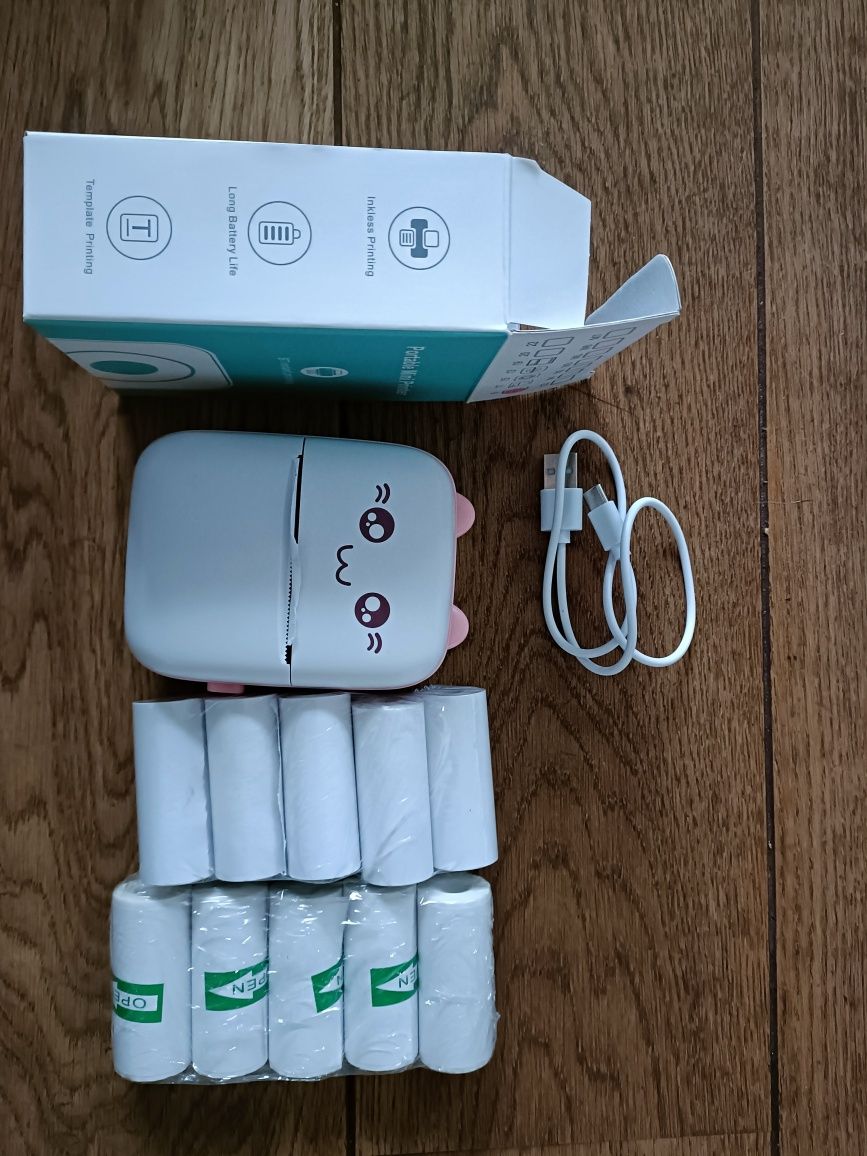 Drukotek drukarka mini termiczna do zdjęć etykiet + kabel USB kot róż