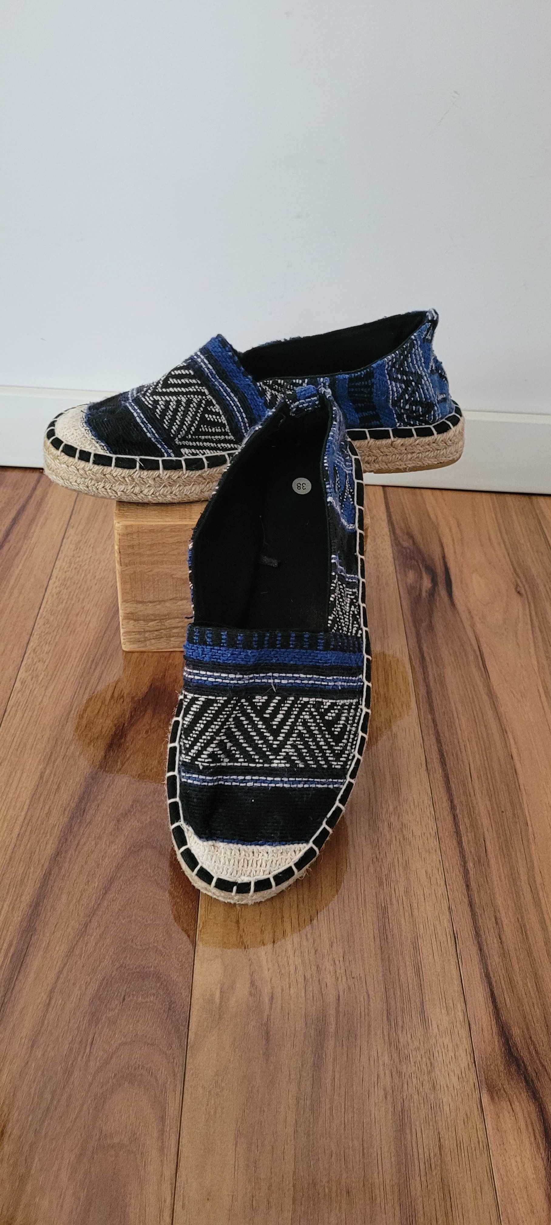 Niebiesko czarne espadryle wzór tkanina,rozmiar 38