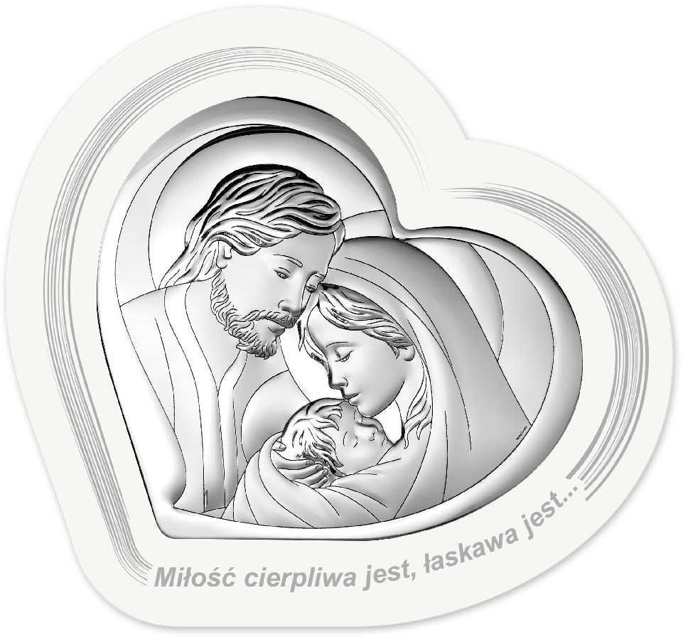 Srebrny Obrazek z Grawerem Święta Rodzina Serce Pamiątka Chrztu