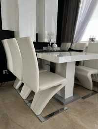 Komplet stół 140x89 z krzesłami glamour chrom biały połysk ekoskóra