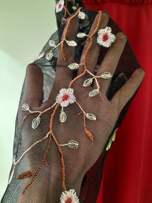 Червона сукня з прозорими рукавами