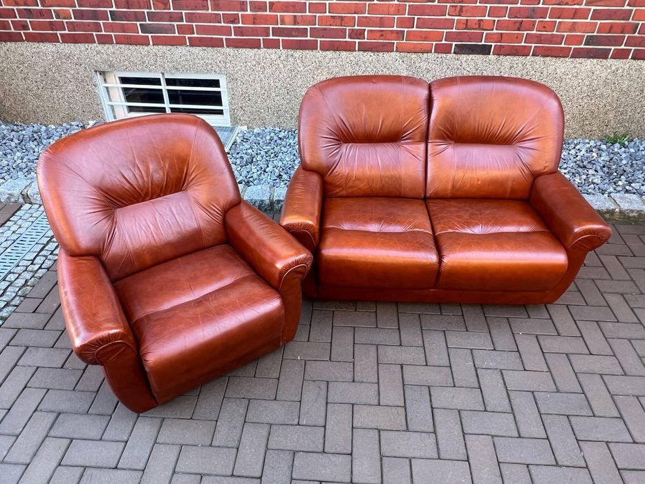 Komplet sofa+fotel ze skóry naturalnej Vintage brąz brązowe