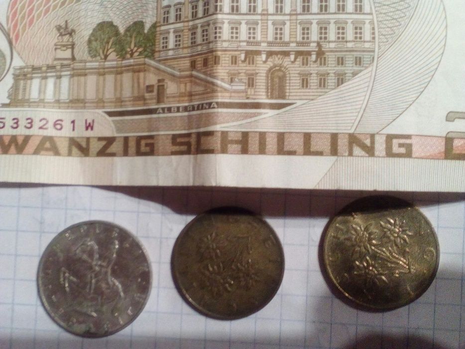 Banknoty i monety Austria 20, 5 i 1schilling