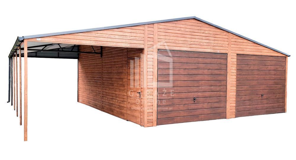 GARAŻ BLASZANY 6,5x6 + 3m. wiata 2x Brama drzwi 2x okno orzech ID136