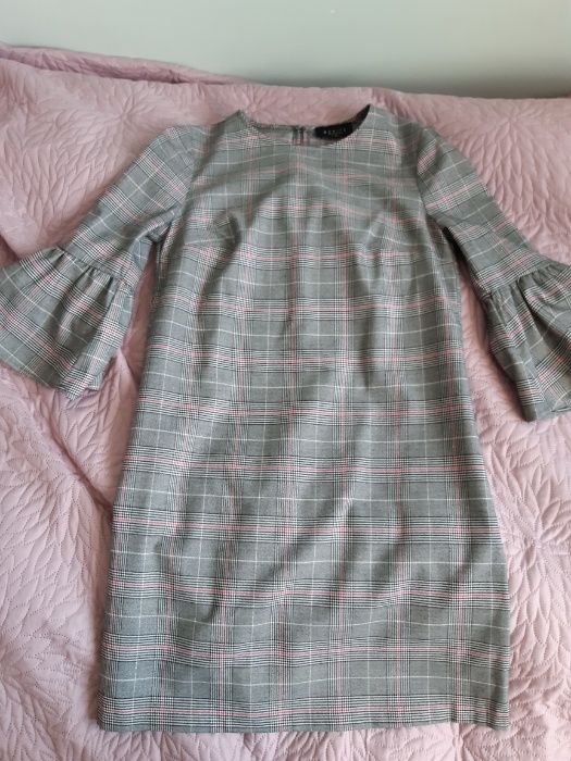 Tunika sukienka w kratę, szara, do biura, do pracy