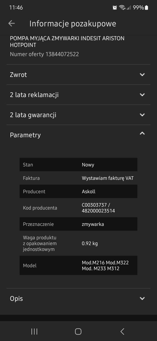 Pompa myjąca zmywarki Indesit, Ariston, Hotpoint
