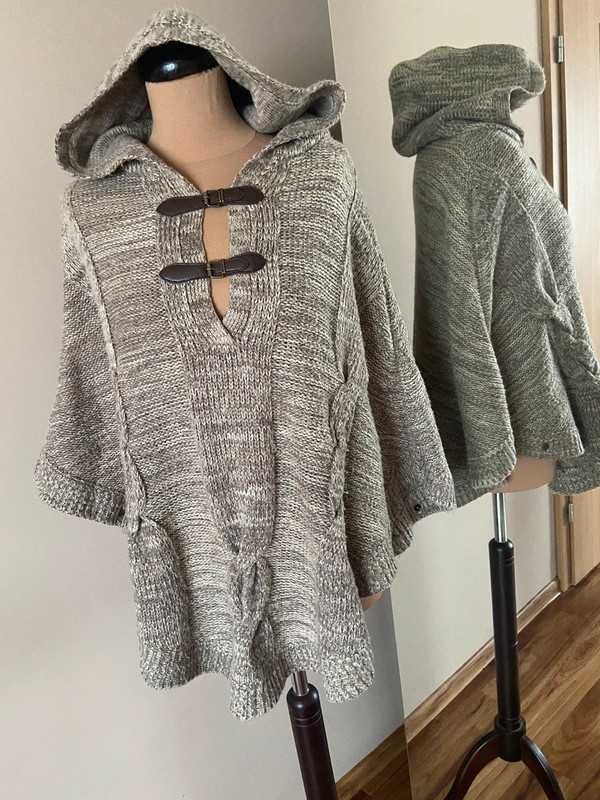 Lmc gruba pleciona narzutka ponczo duzy kaptur warkocz l xl 42 40 braz