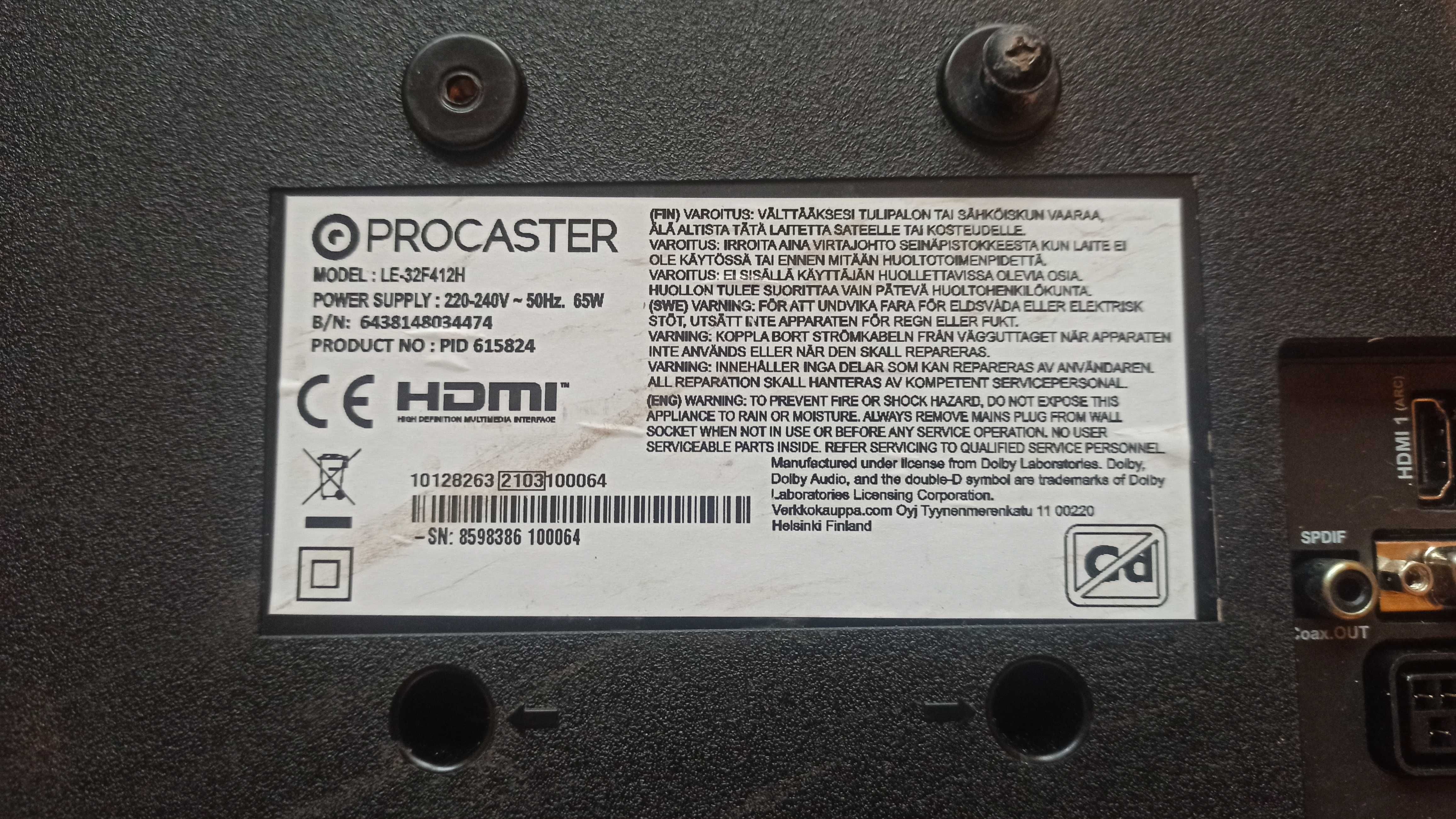 На запчасти Телевизор ProCaster LE-32F412H