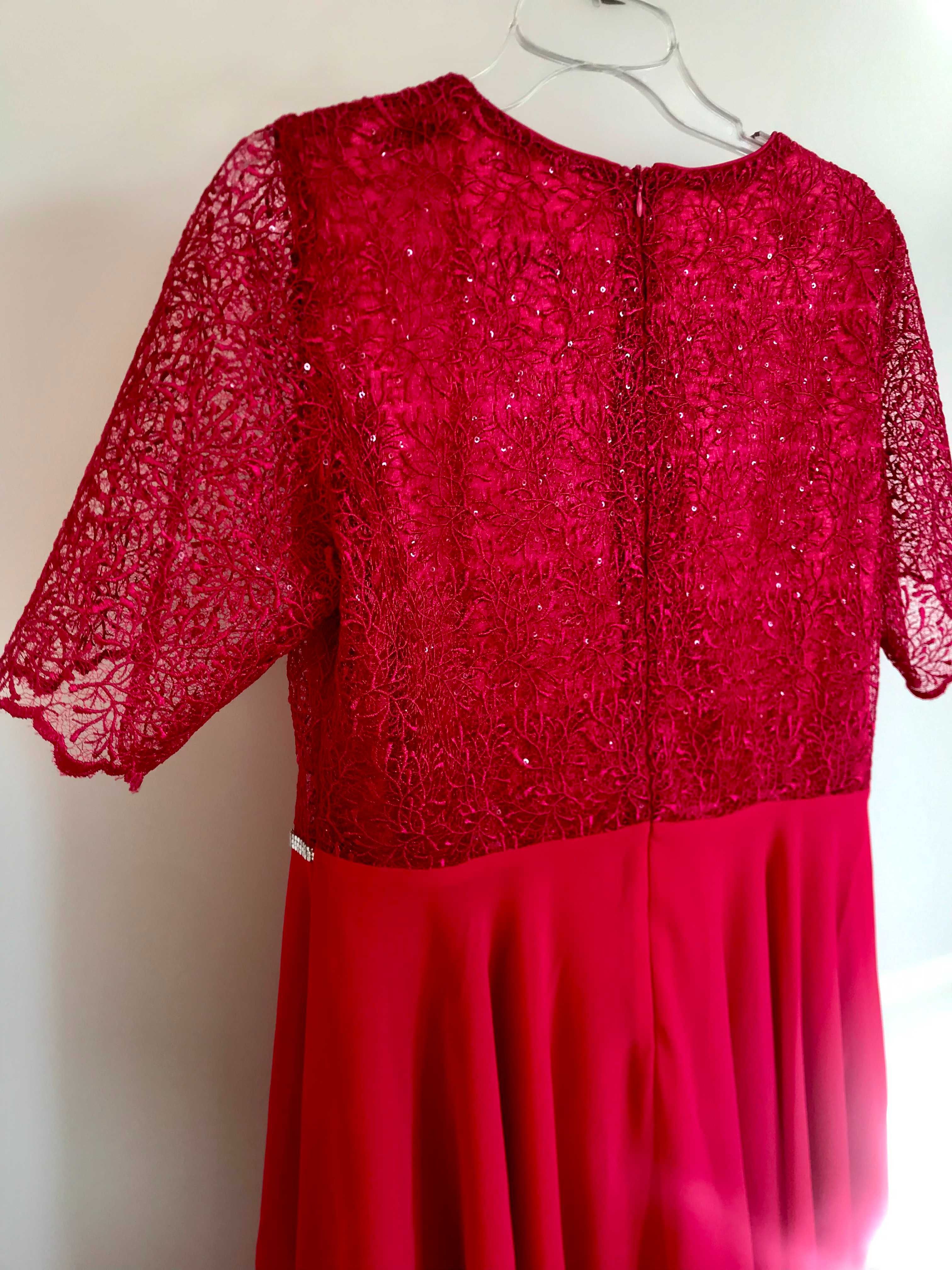 malinowa sukienka suknia na wesele sylwestra L XL 40 koronka czerwona