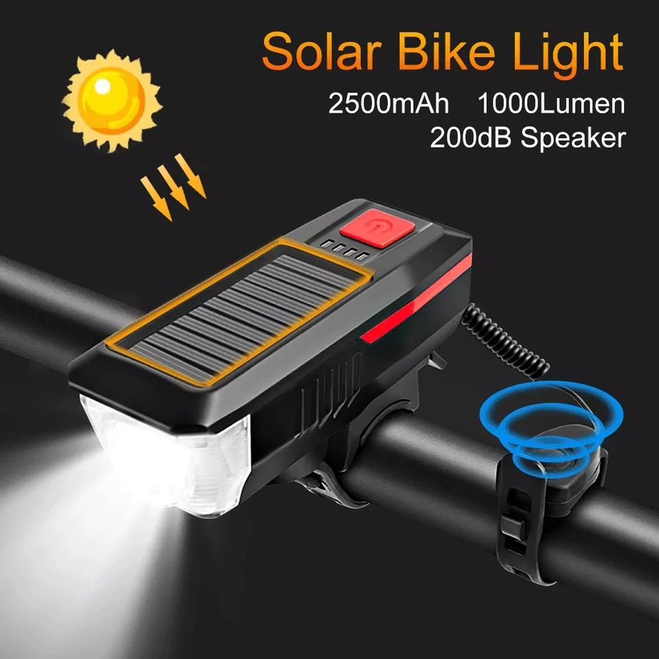 ВелоФара акумуляторна "Sunmo-1000BS" з клаксоном (cонячна батарея)