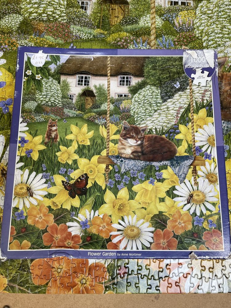 Puzzle 1000 Jigsaw Flower Garden by Anne Mortimer Ogród Kwiaty Koty