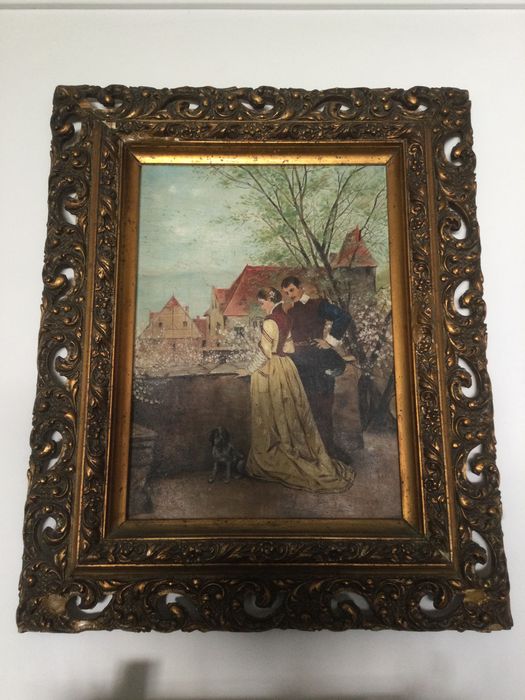 Pintura óleo assinada Brehm e datada 1903 talha dourada 58 cm