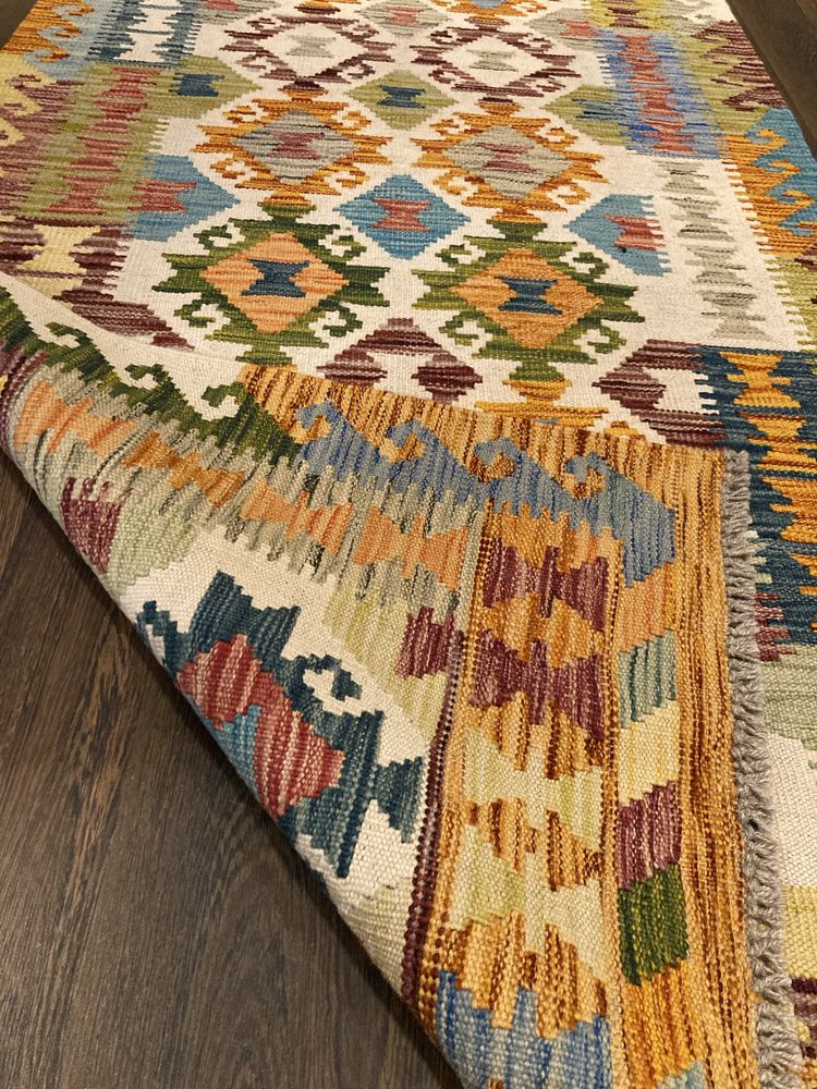 Passadeira Kilim Oriental feita à mão lã natural 300x85cm - Nova