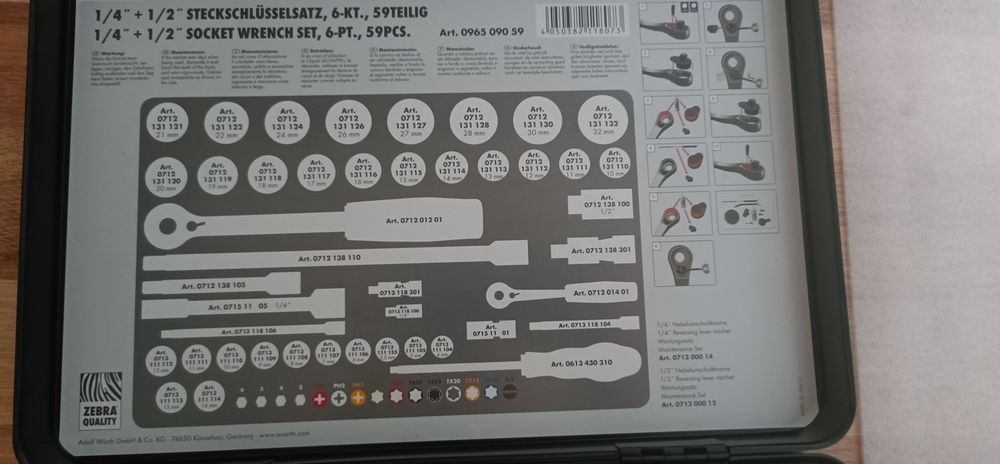 Wurth  Zebra zestaw kluczy nasadowych 1/2" + 1/4" 59 elementów.