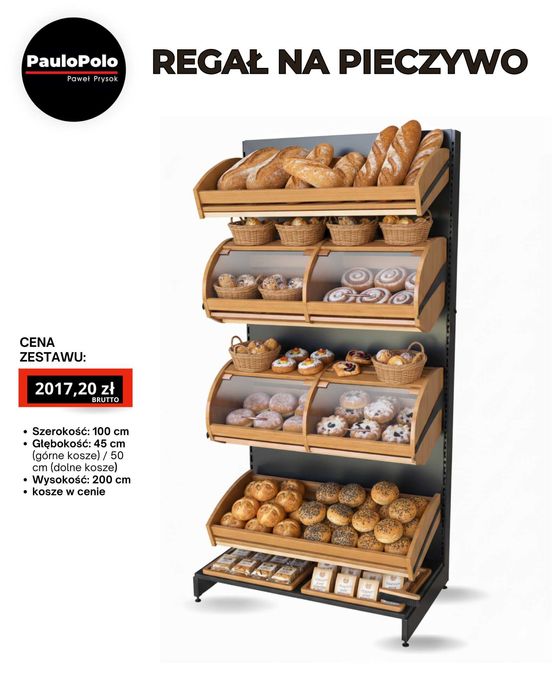 Sklepowy regał na pieczywo z koszami,szer.100 cm wys.200 cm, kompletny