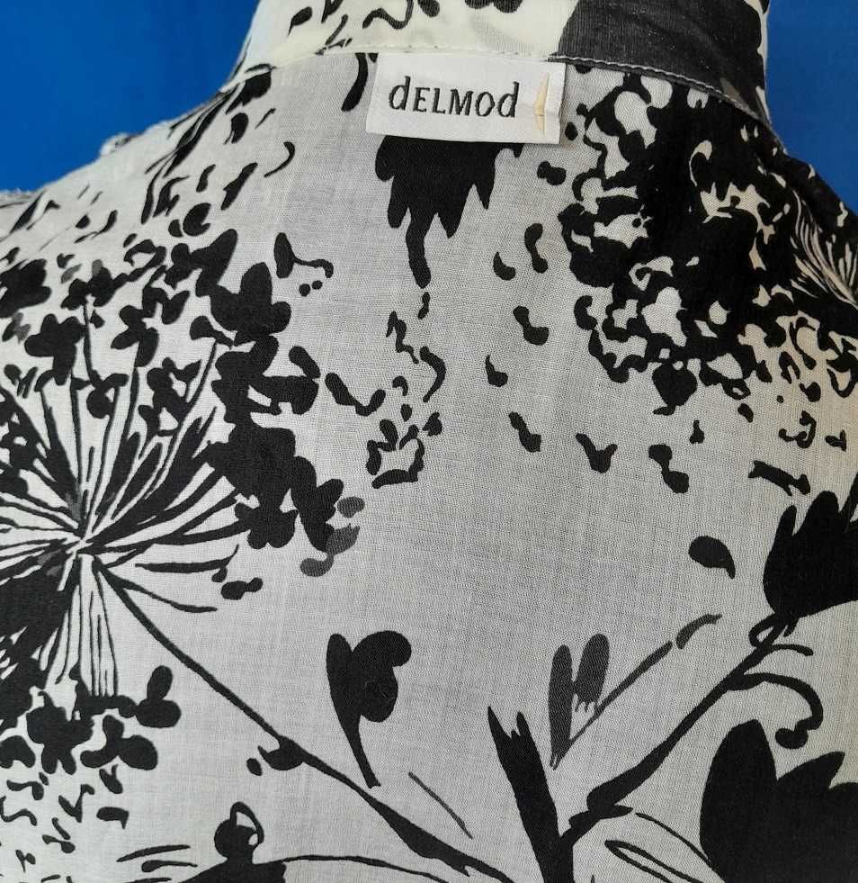 Czarno-biała długa Bluzka Koszula motyw kwiatowy kwiaty Delmod 44
