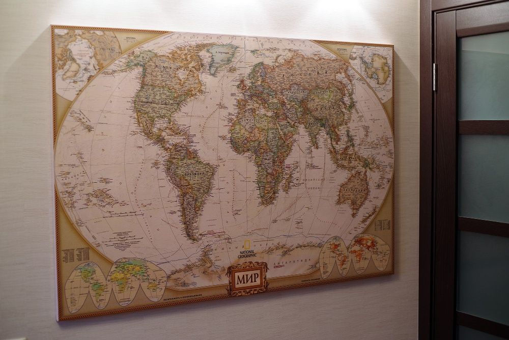 Карта мира большая, печать на холсте, на русском или английском языке