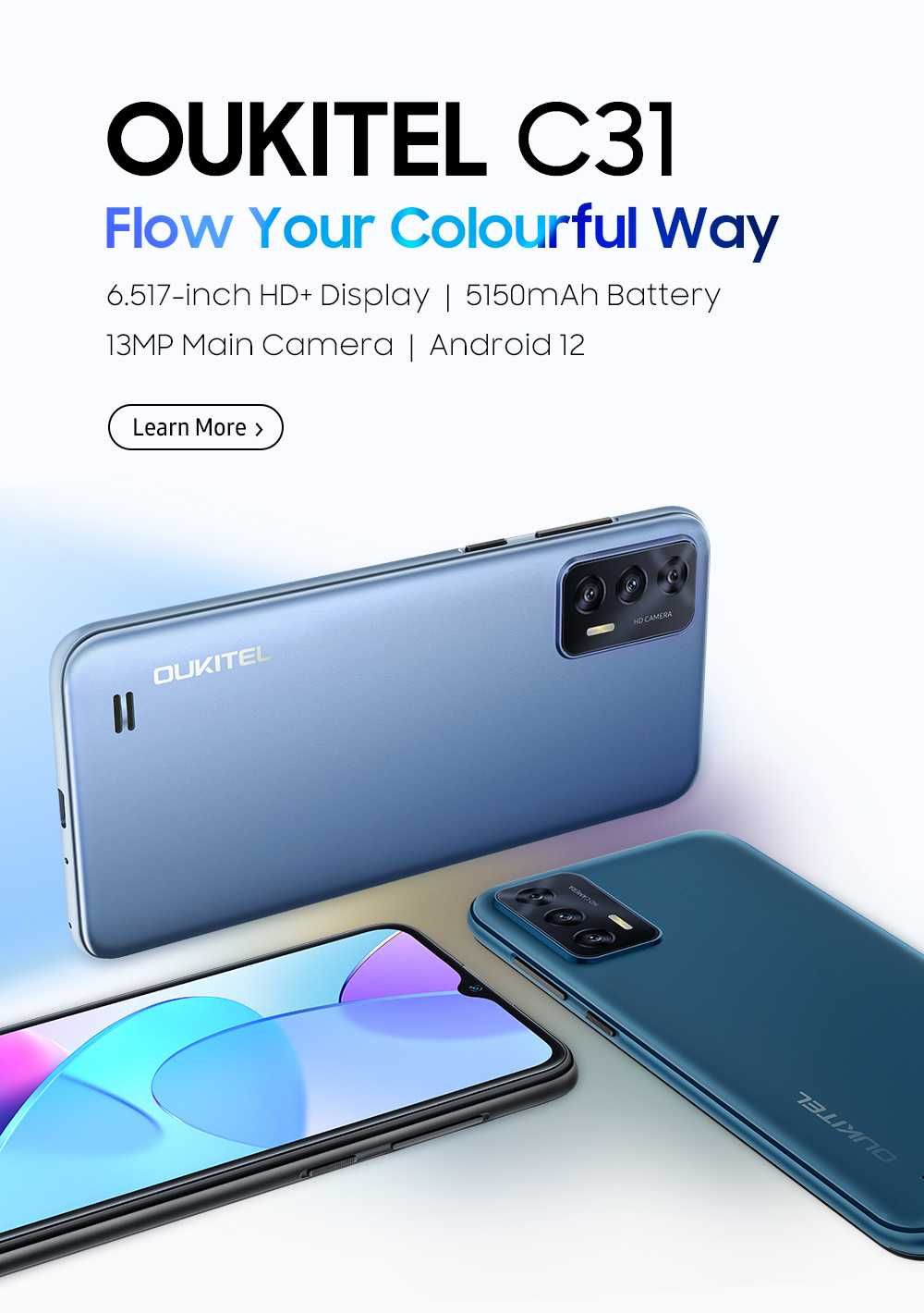 OUКITEL С31, 5150мАч, экран 6,5", 13/5Mp, 3/16 Gb + карта памяти 64Gb