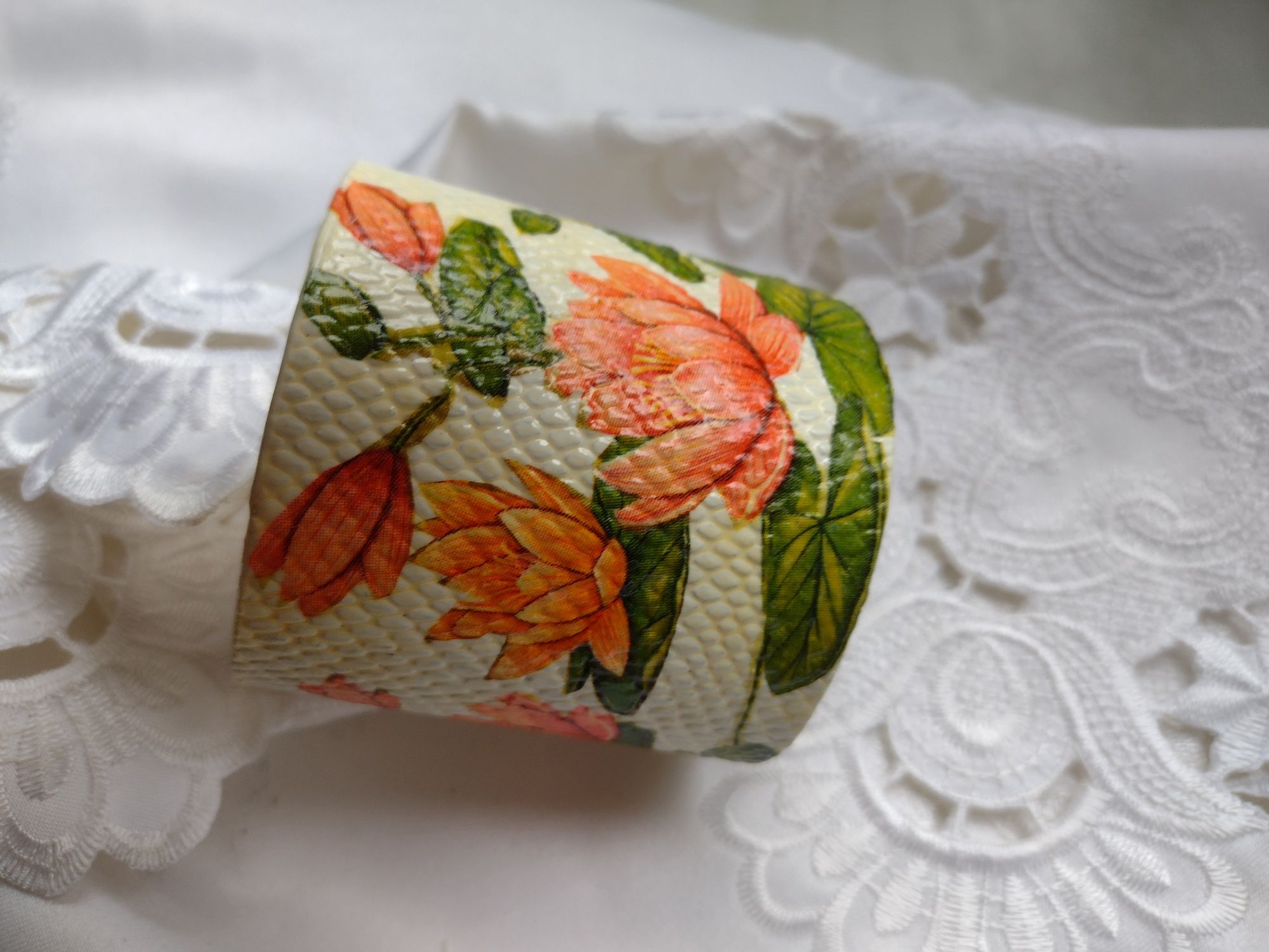 bransoletka szeroka 7cm łososiowe lilie wodne decoupage
