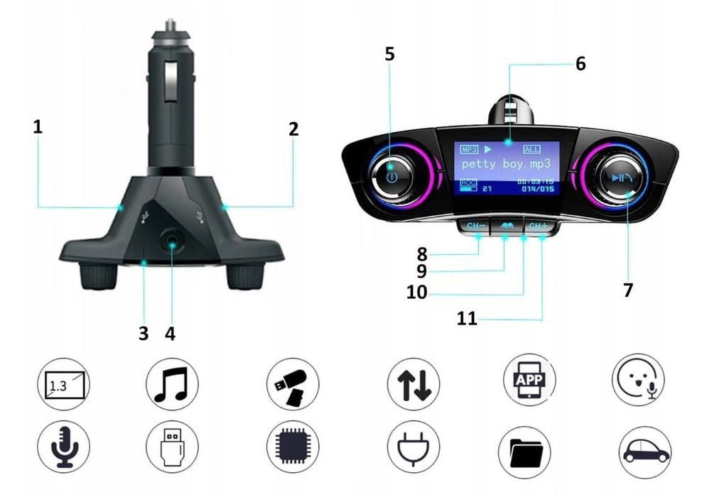Transmiter FM Bluetooth QIKtech T01 z Ładowarką pendrive SD 2X USB