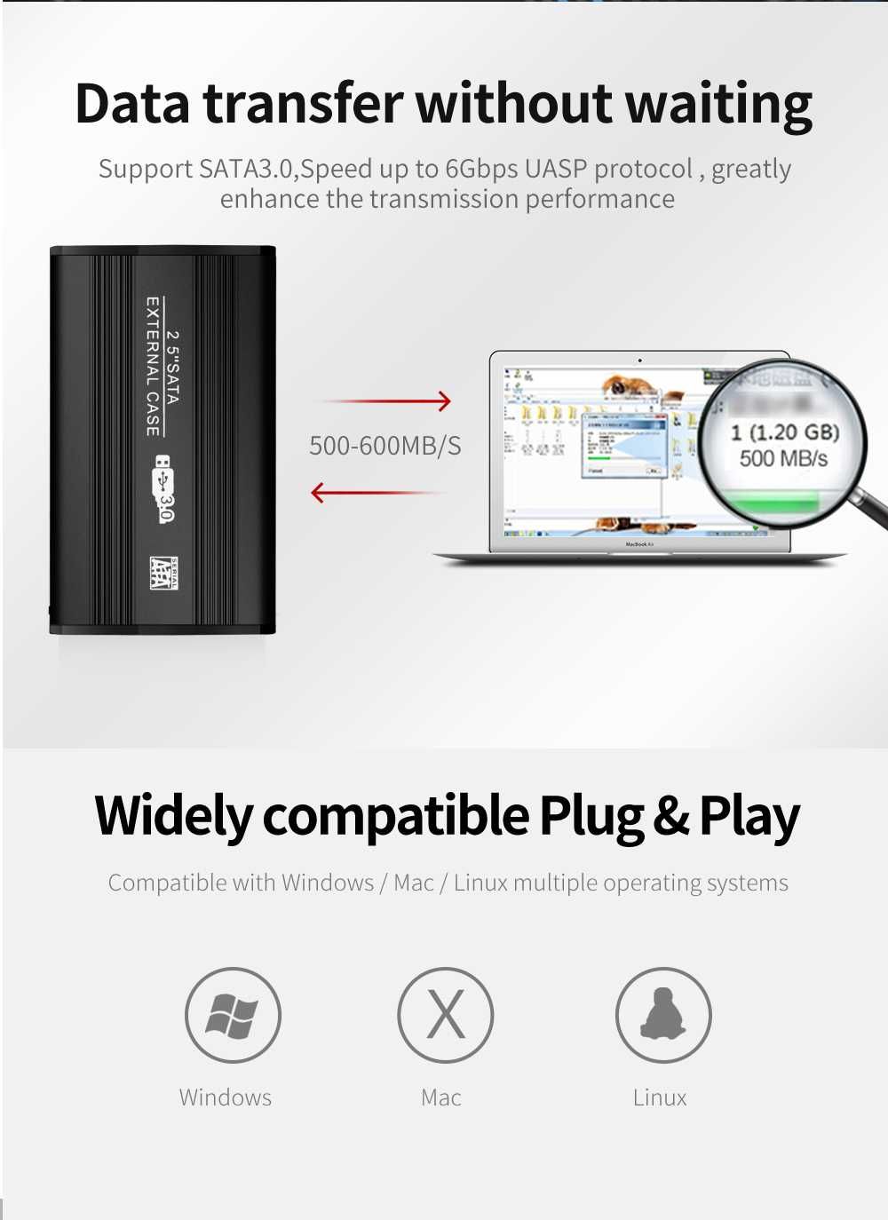 Карман металлический USB 3.0 для 2.5" дисков HDD/SSD