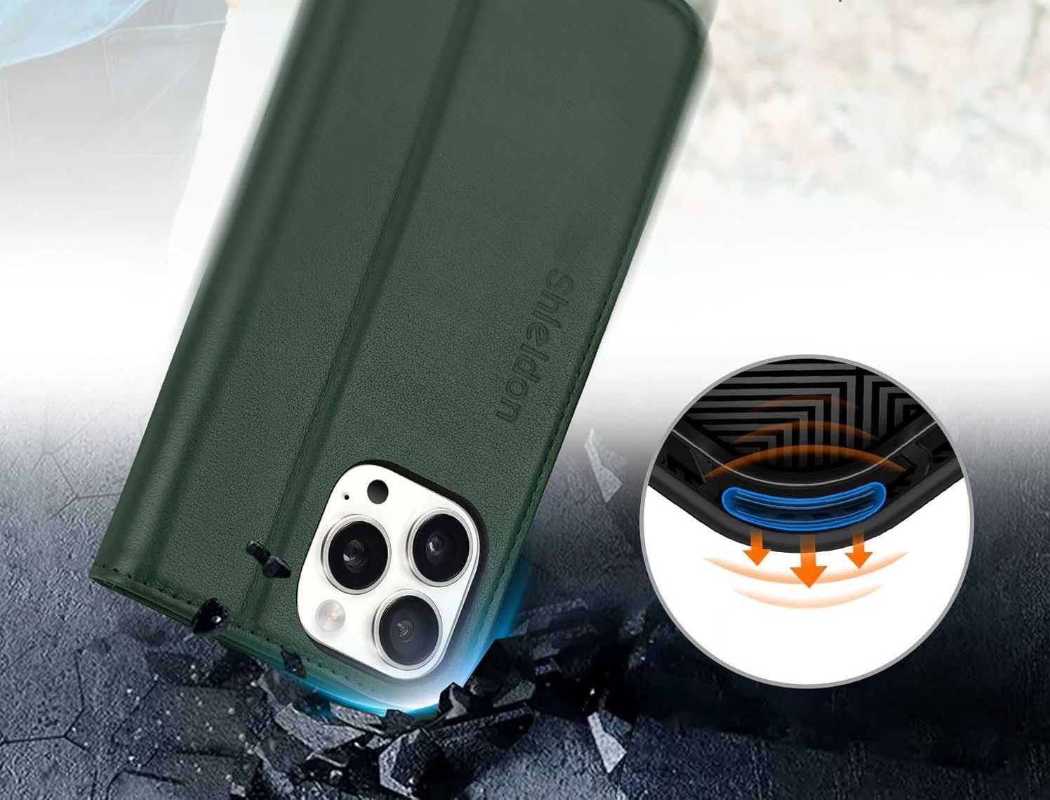 Shieldon naturalne etui skórzane do iPhone 16 Pro Max z klapką zielone