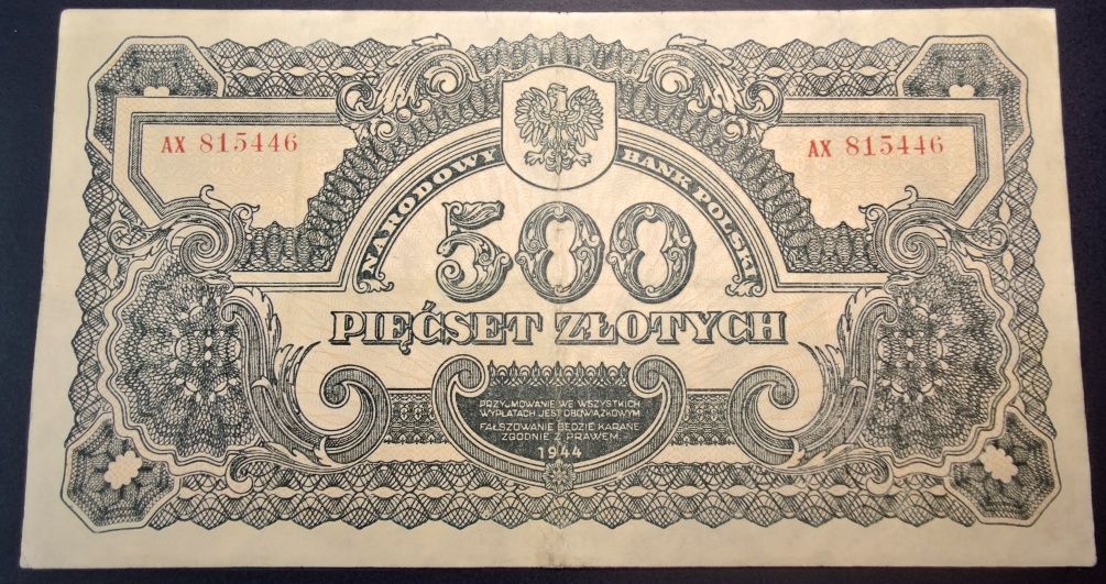 Banknot Polski 500 zł 1944 r. Seria AX.- owym. Dosyć rzadki.