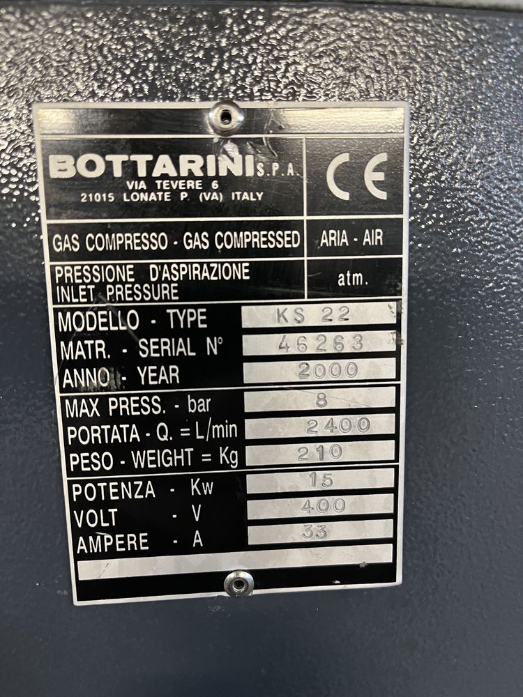 Sprężarka kompresor śrubowy BOTTARINI KS 22 stan idealny .
