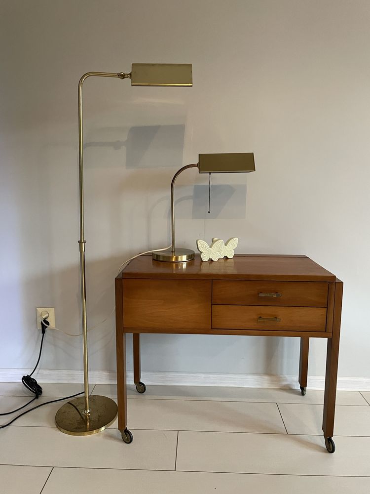 Mosieżne lampki typu bankierki,biurkowa i podłogowa