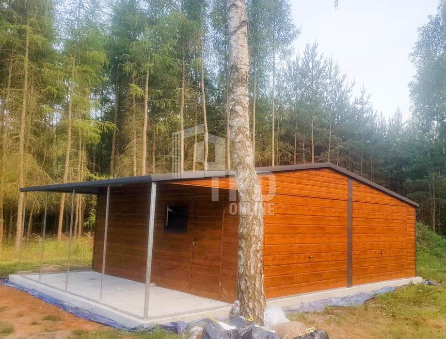 Garaż Blaszany 7,5x5 2x Brama uchylna - Antracyt + jasny orzech TKD137