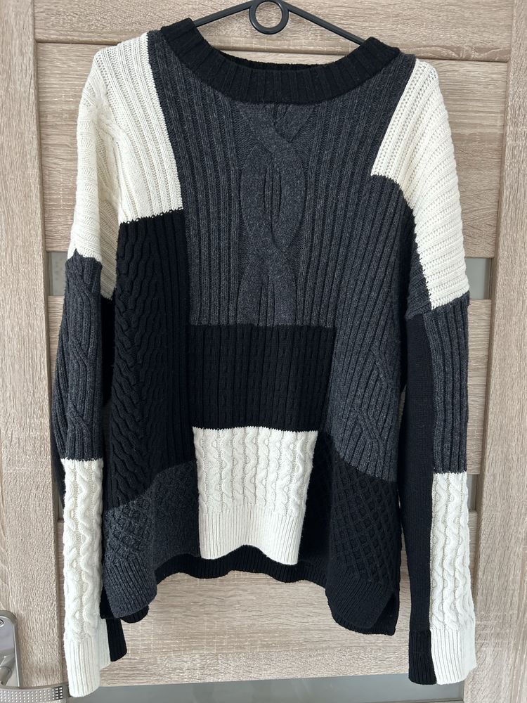 Sweter czarny grafit patchwork bawełna wełna French Connection