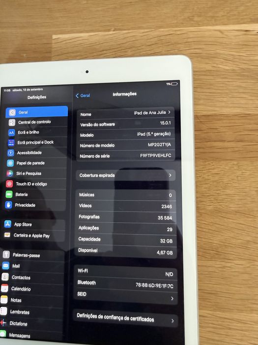 Tablet Apple 5a geraçao em pleno funcionamento