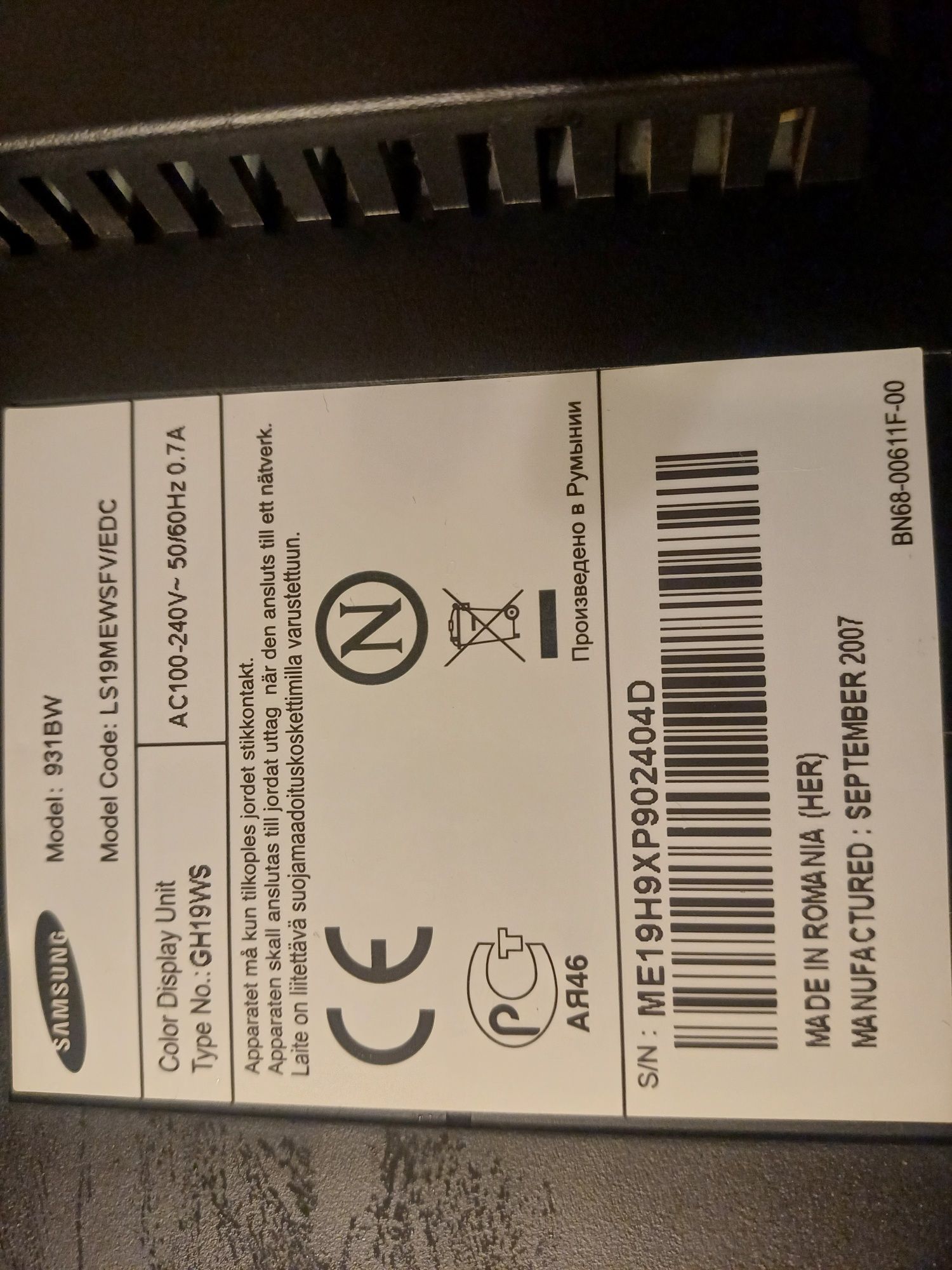 Monitor Samsung 931BW 19" LCD