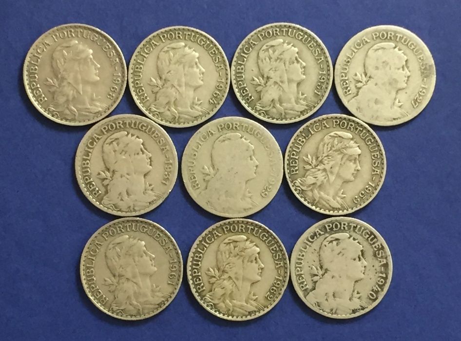 Lote 10 moedas 1 escudo ALPACA várias datas de 1927 a 1968