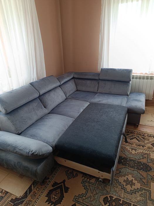 Narożnik z funkcją spania, Jak Nowy, Welurowy, szary