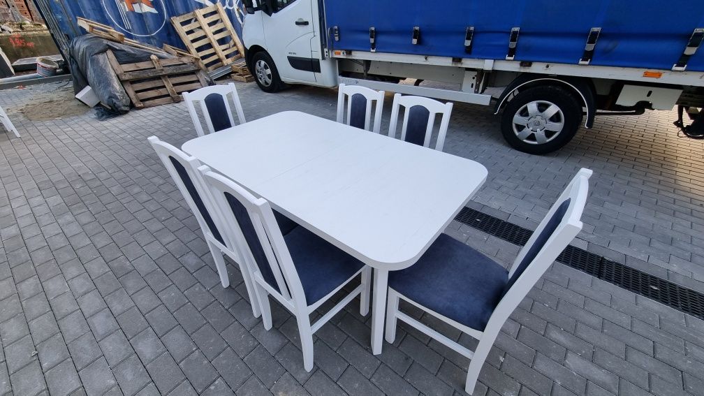 Nowe: Stół rozkładany + 6 krzeseł, biały + metaliczny granatowy
