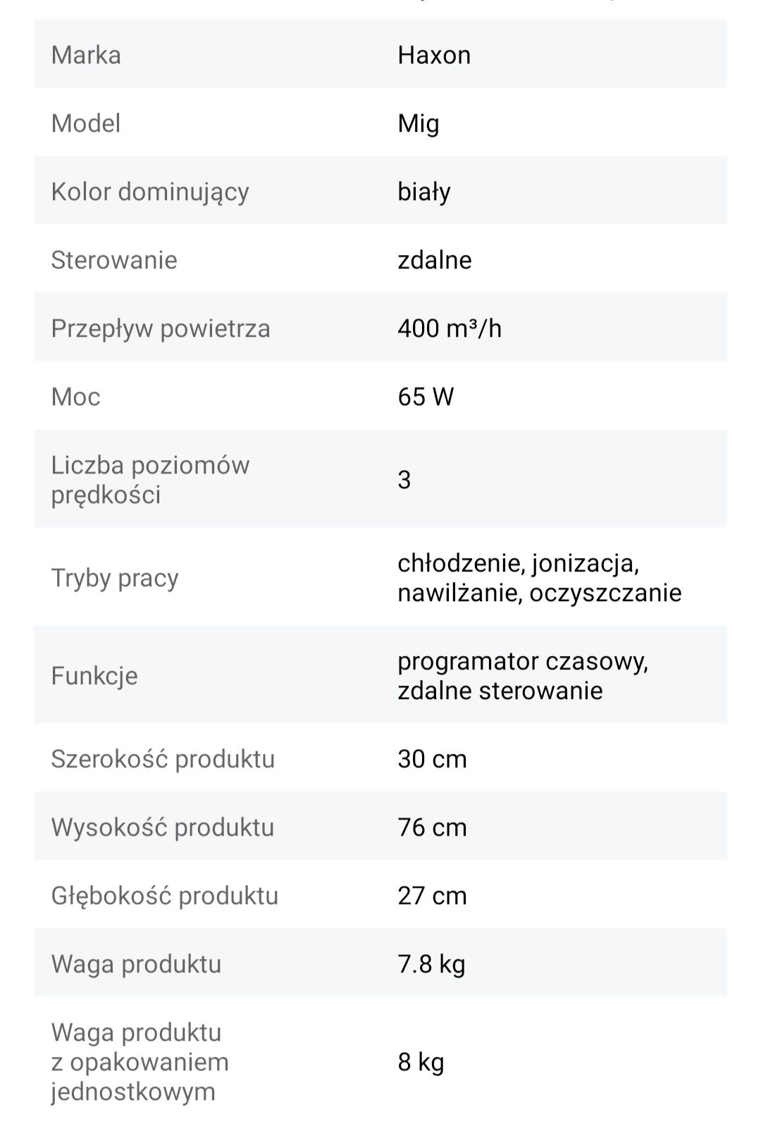 Haxon mig Oczyszczacz, nawilżacz, klimator, jonizator 5w1