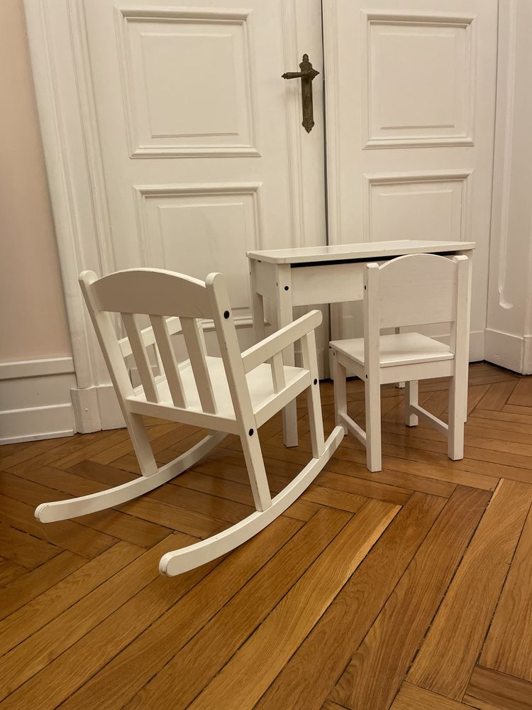 Ikea SUNDVIK krzesełko, stolik biurko, krzesło bujane białe