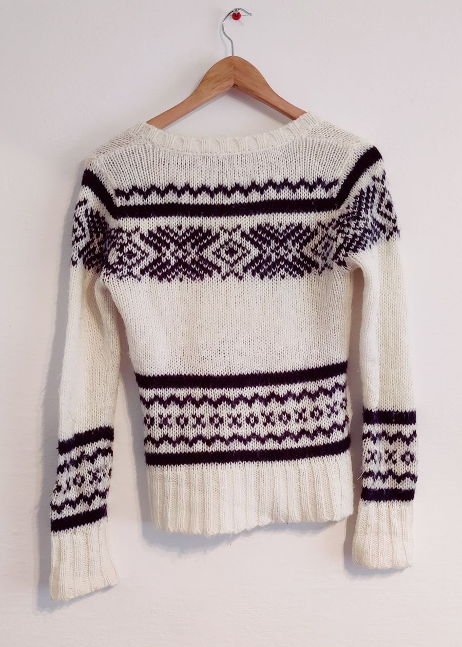 Sweter wełniany wełna biały zimowy wzór pulower sweter S / 36 xmas
