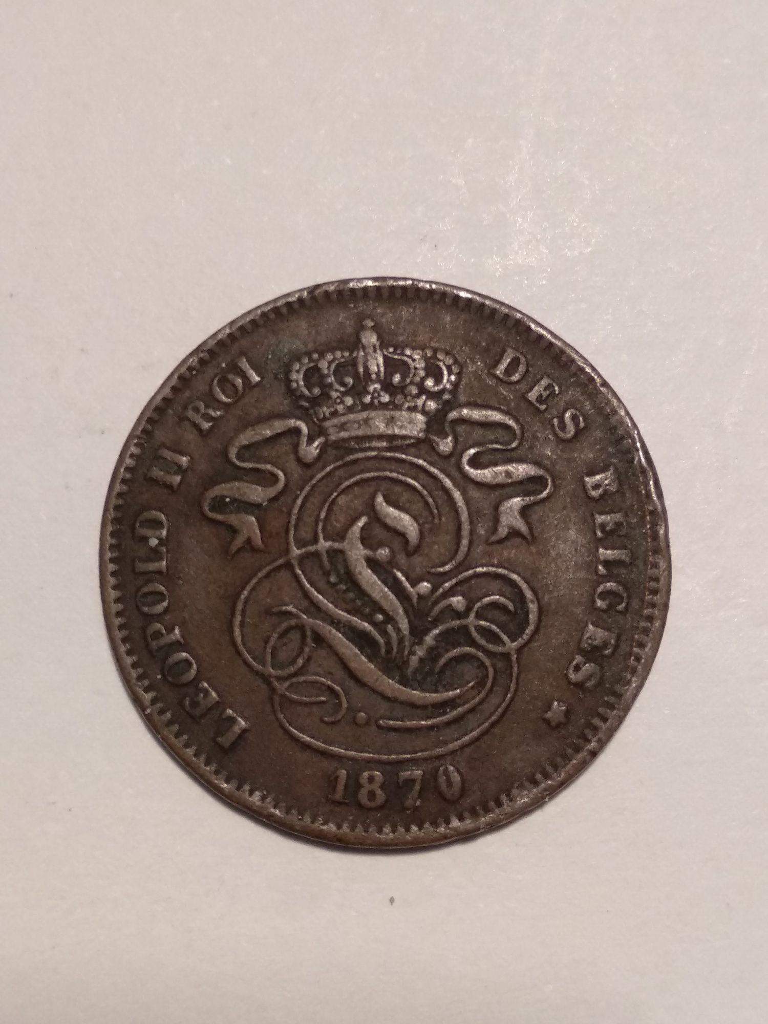 Moeda de 2 Cêntimos 1870 Bélgica Rei Léopold II