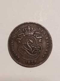 Moeda de 2 Cêntimos 1870 Bélgica Rei Léopold II