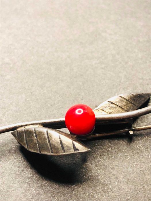 Stara Srebrna Broszka Srebro Koral Vintage