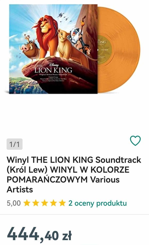 Winyl The Lion King Soundtrack Kolor Nowy!