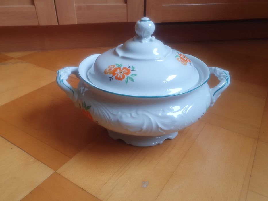 Sosjerka stary zestaw z pomarańczowym kwiatkiem PRL WAWEL