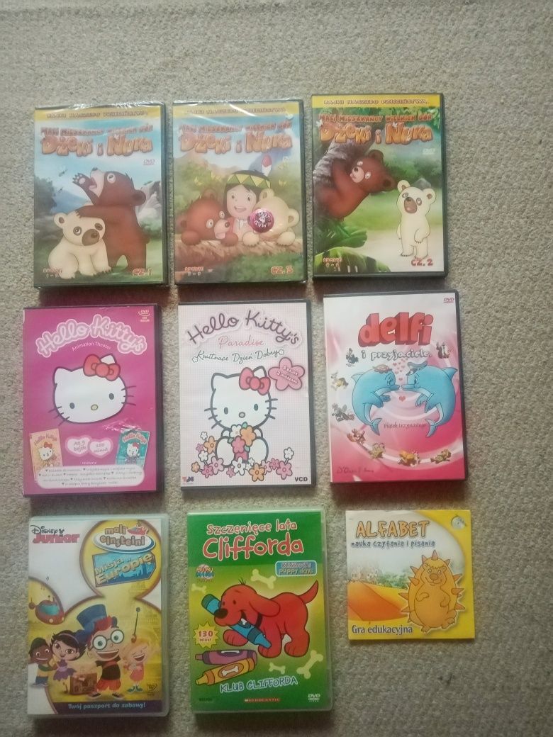 9 szt. Bajki DVD dla małych dzieci Dżeki i Nuka, Clifford, Hello Kitty