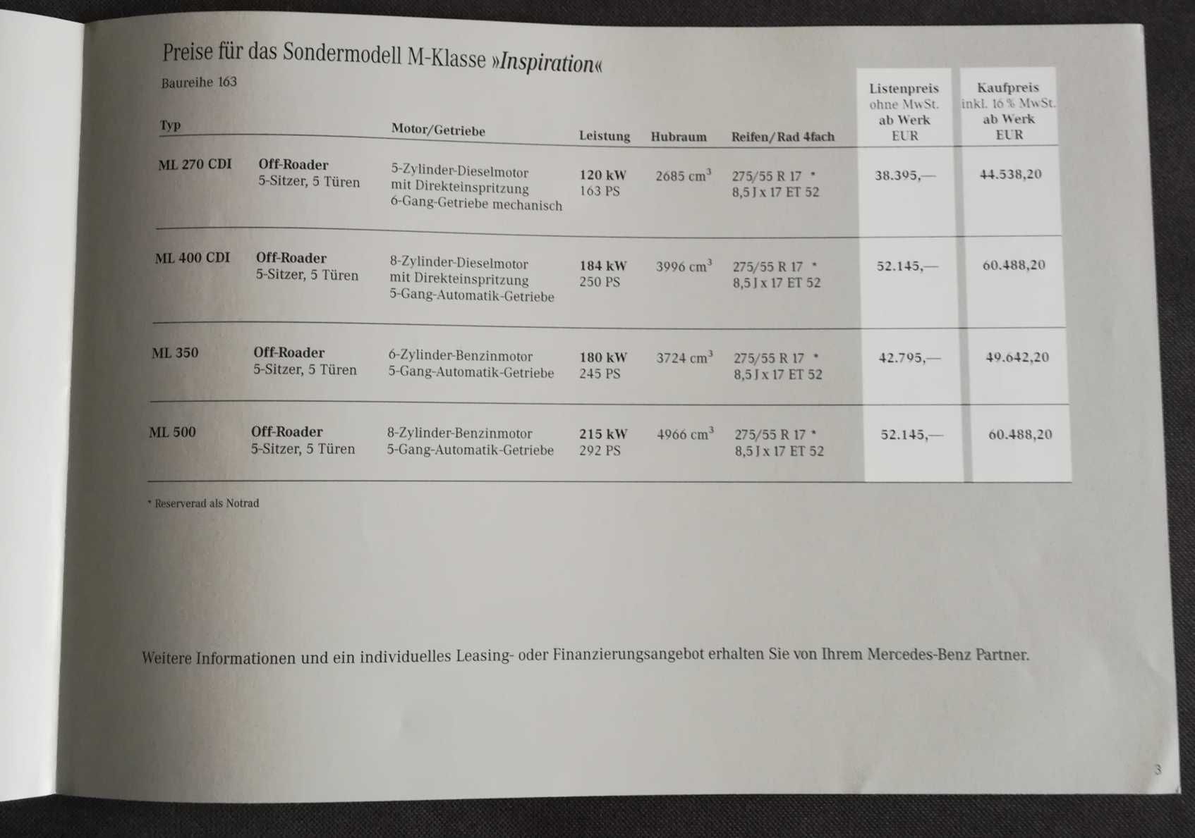 Mercedes ML W163 wersja INSPIRATION prospekt cennik