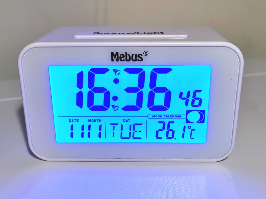 Budzik Zegar Termometr MEBUS Radiowy DCF Podświetlany LCD
