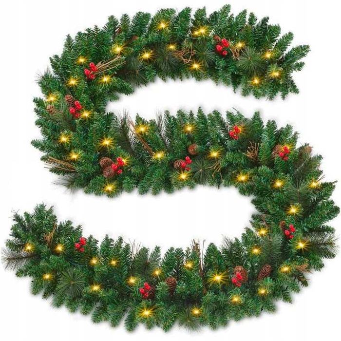 Girlanda Świąteczna 100 LED – Zielona, Gęsta z Jarzębiną – 300 cm